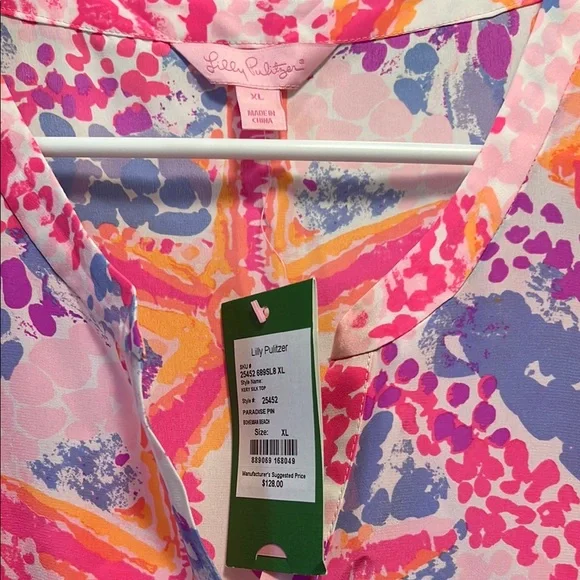 Lilly Pulitzer Pink and Orange Sleeveless Blouse with Mandarin Collar - Picture 2 of 4